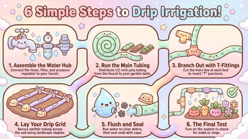 Cute infographic showing 6 simple steps to set up drip irrigation, including assembling the water hub, running main tubing, adding T-fittings, laying drip lines, flushing the system, and testing for leaks.