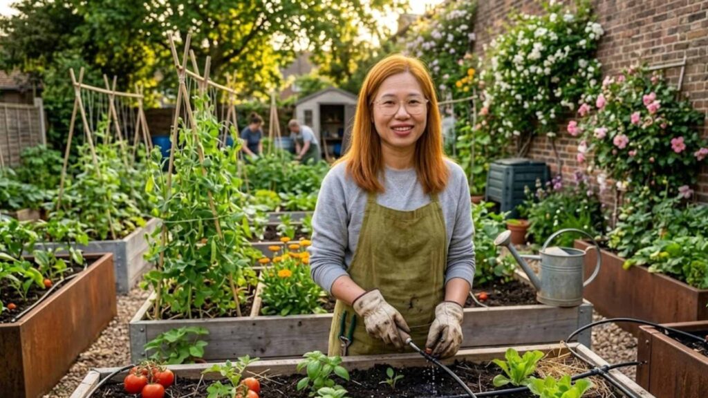 A smiling woman tending a backyard vegetable garden, watering plants in raised beds with a drip irrigation system, surrounded by lush greenery, tomatoes, and flowers.