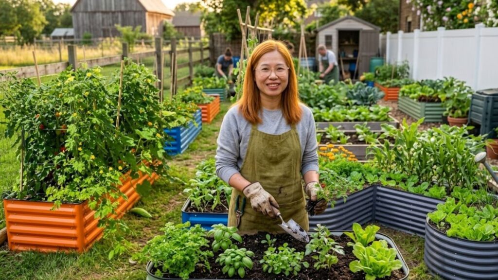 metal raised beds and a woman in the garden