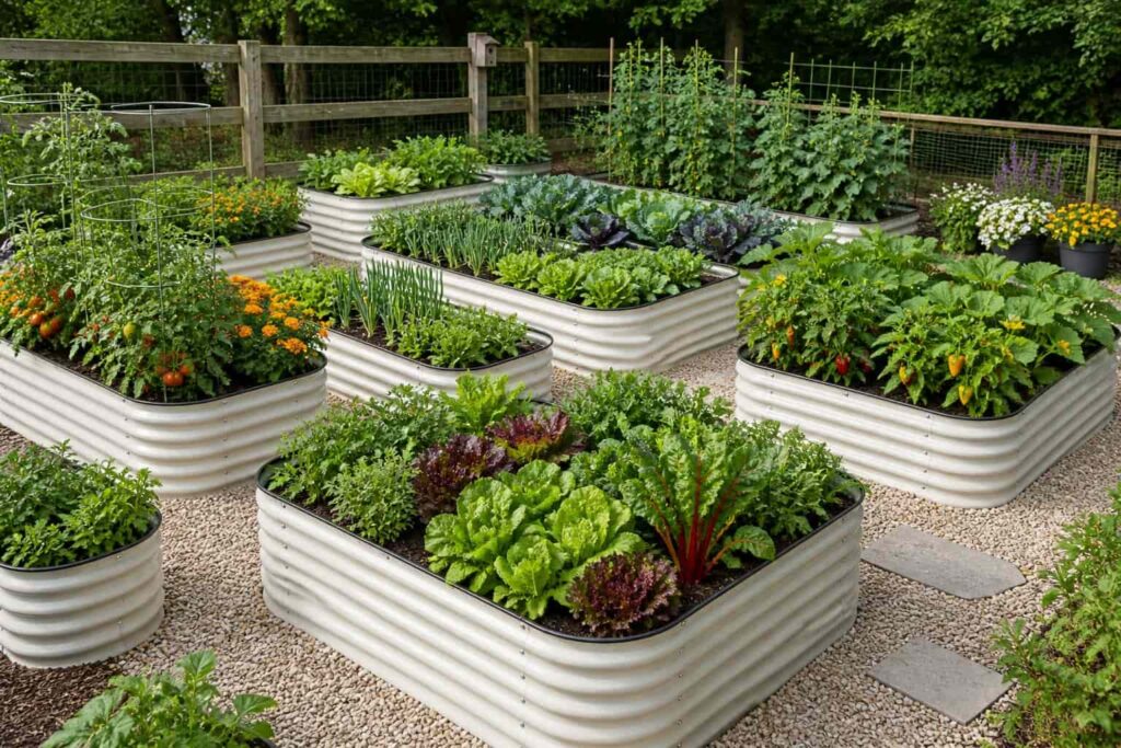 a garden with raised beds full green